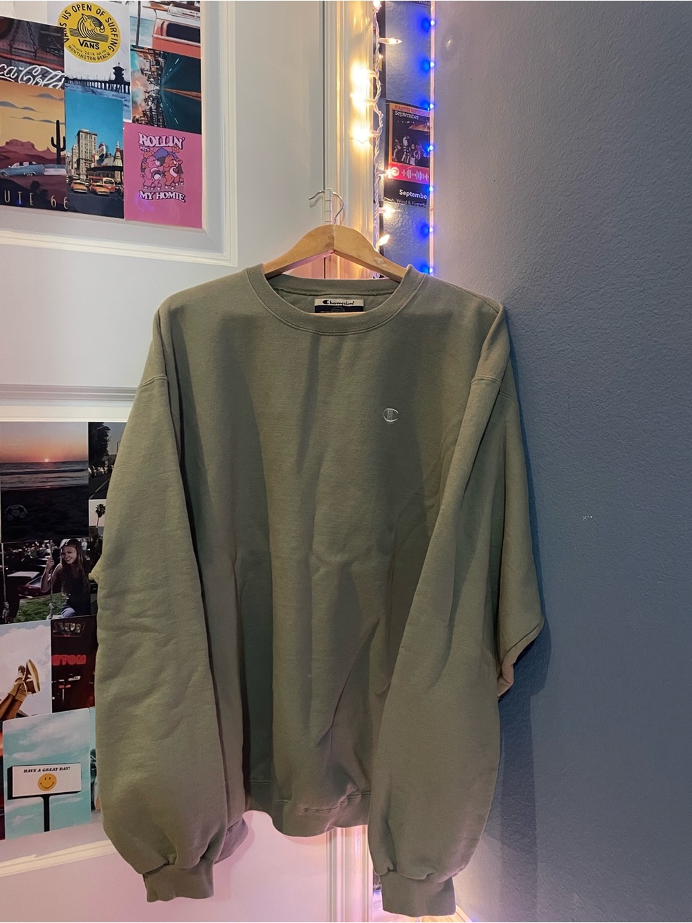 Champion Olive Crewneck Sweatshirt with Embroidered Logo